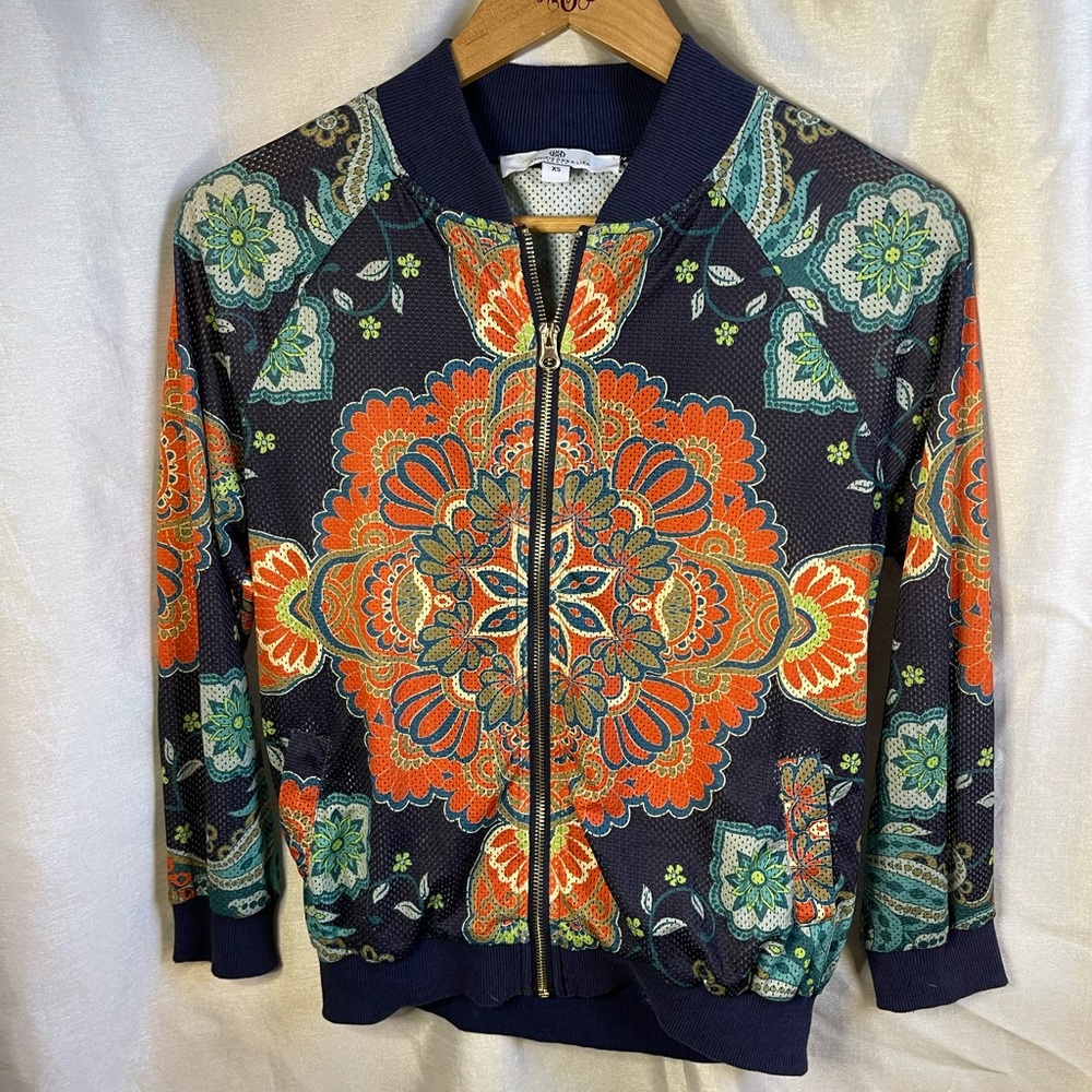 Jean-Pierre Klifa Navy Blue Bright Orange Mandala Print Mesh Varsity Jacket